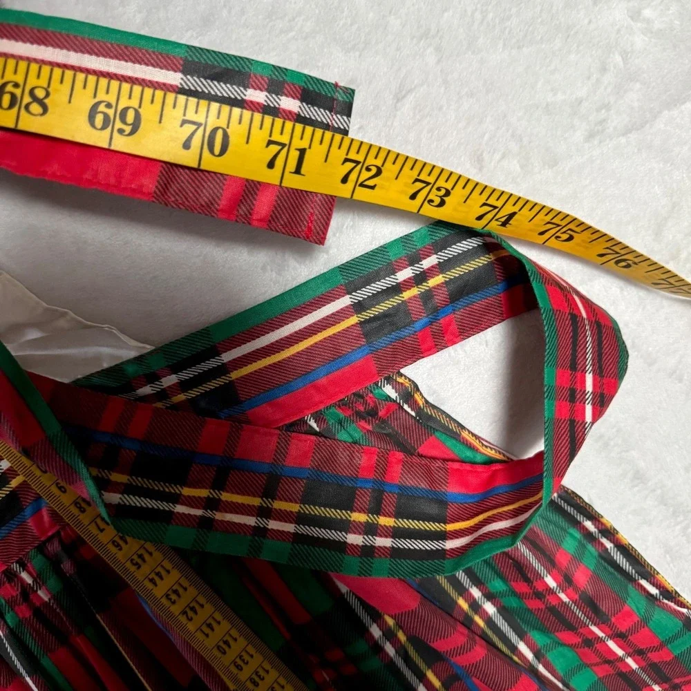 Vintage 70s Plaid‎ Pinafore Apron Dress Ruffle Bib Tie Back Lady One Size USA